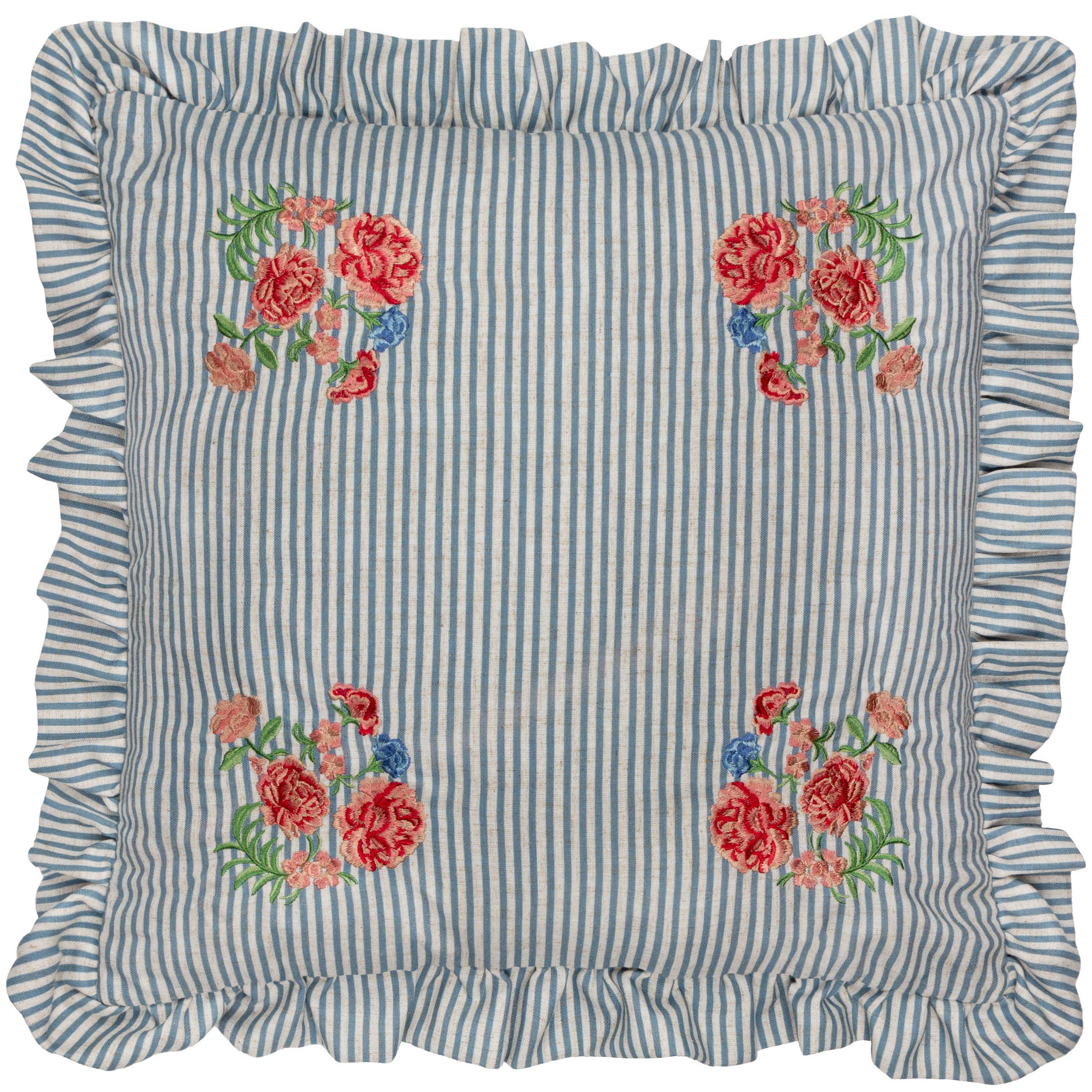 Embroidered Floral meets Stripe Ruffle Cushion Cover