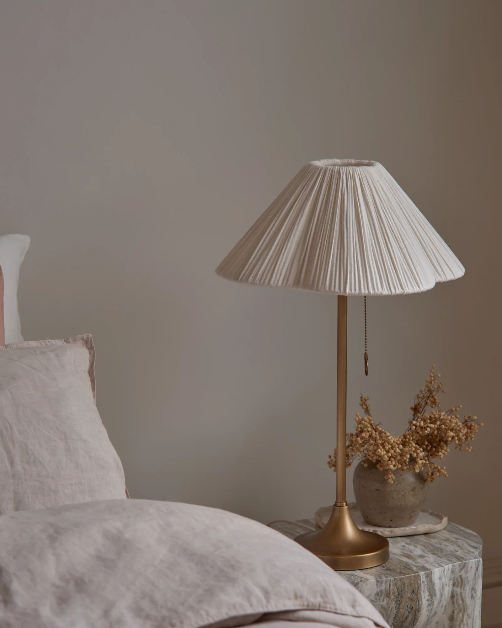 Lights & Lamps - Lindi - aged brass and scalloped linen table lamp