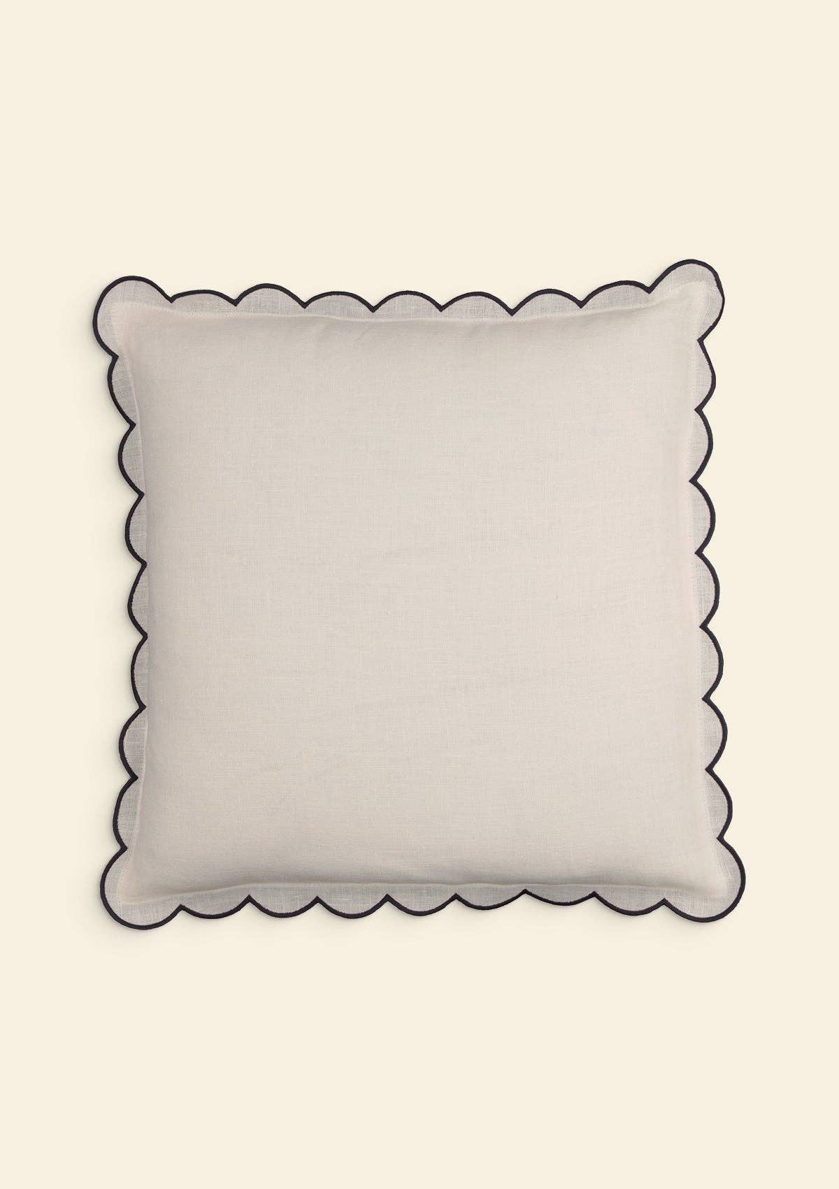 Blue scalloped on white linen cushion cover