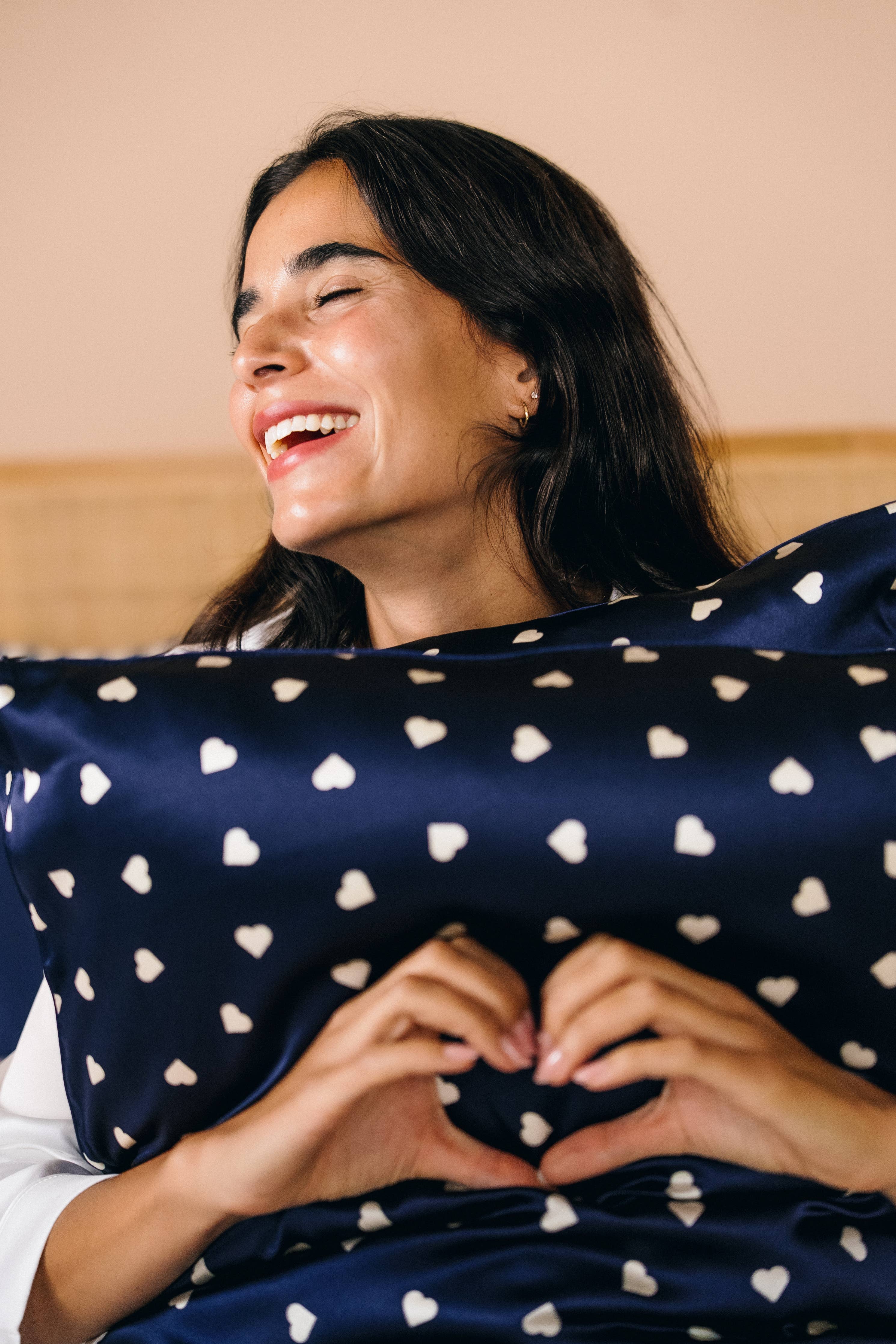 Silk Navy White Hearts Pillow Case